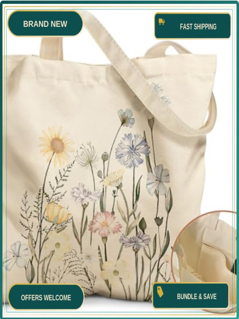 Canvas Cotton Tote Bag Magnetic Buckle Zip Pocket Reusable Grocery